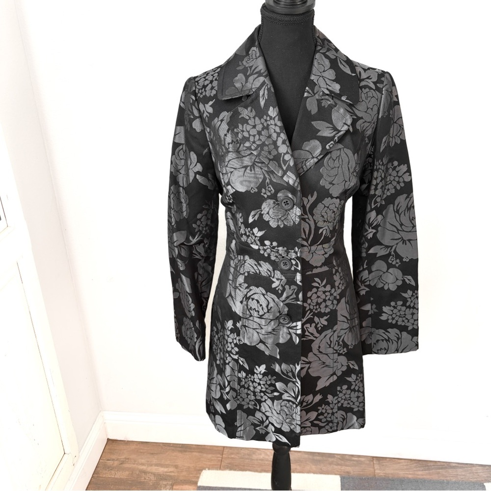 White House Black Market Black Floral Tapestry Coat | Long Tailored Party Coat